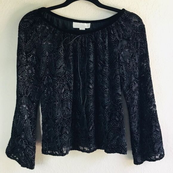 Tops - Silk blend black semi sheer paisley velvet goth top tassels whimsygoth boho